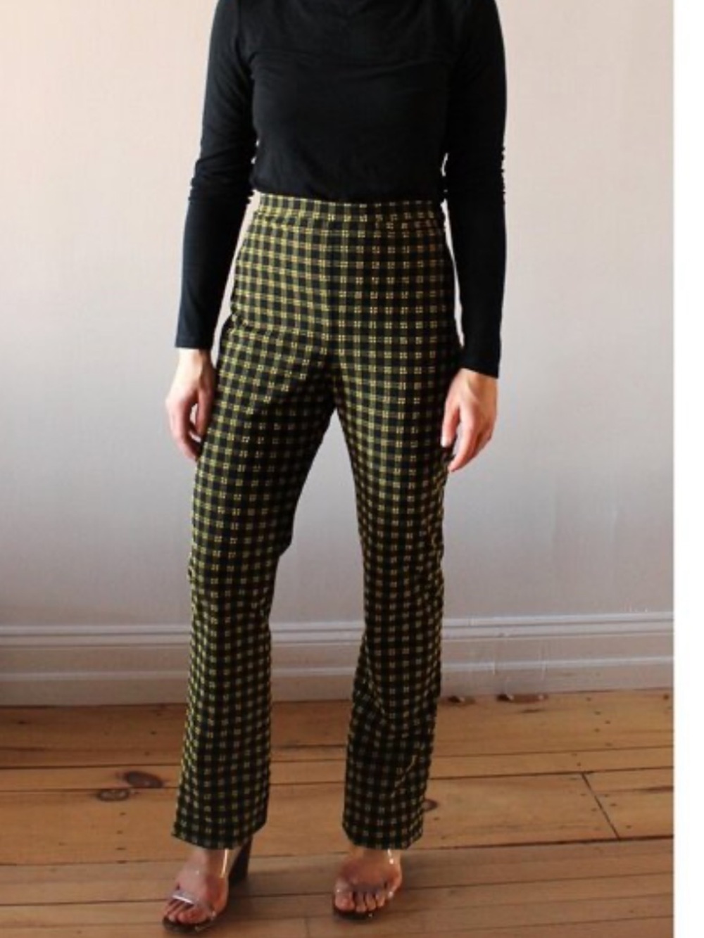 Rachel Comey Switzer Black & Yellow Plaid flares stretch pants 12